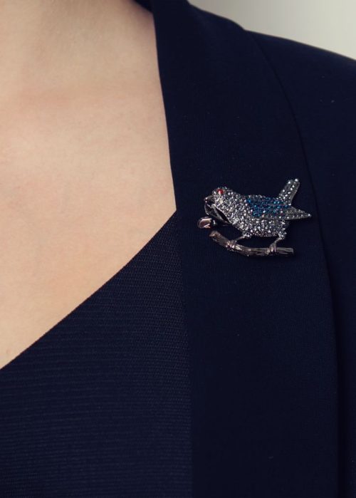 Rosie Fox Pewter Crystal Finch Bird Brooch and Hair Clip