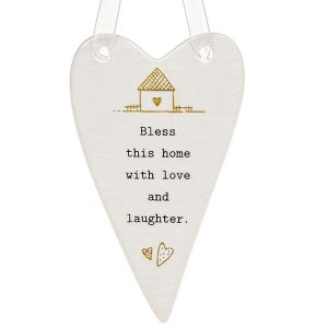 'Bless This Home With Love and Laughter' Ceramic Heart Hanging Plaque - Thoughtful Words