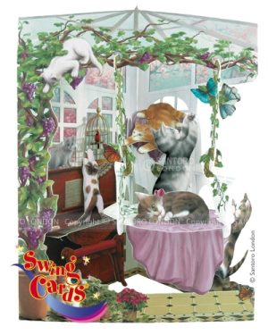 Santoro Cats In Conservatory 3D Pop-Up Swing Card - Greetings and Birthday Card
