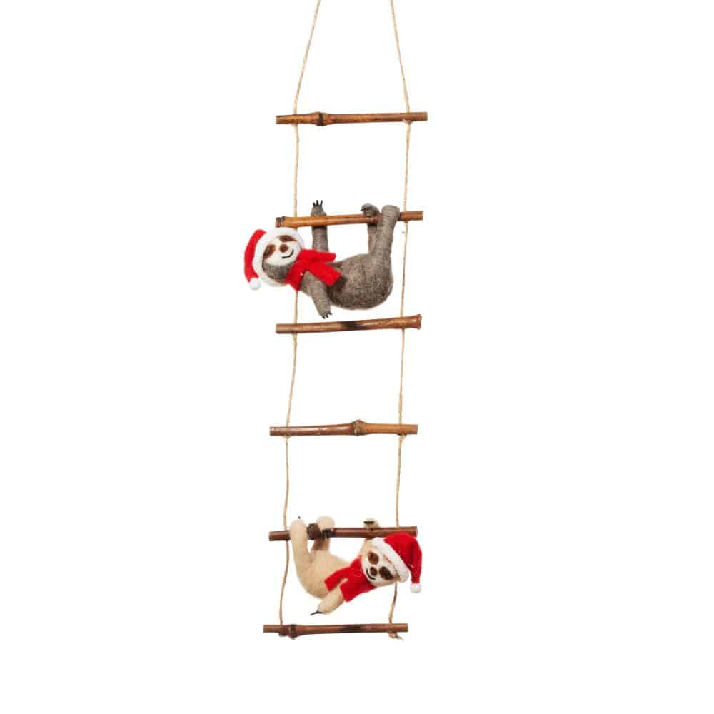 Festive Felt Sloths on Ladder Christmas Hanging Decoration - Sass and Belle